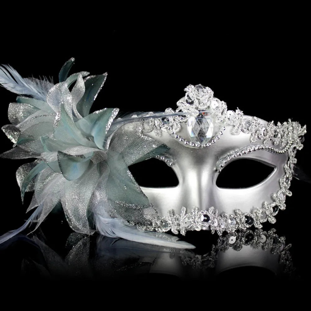 Dance Party Diamond Venetian Mask Feather Flower Wedding Carnival Performance Costume Sexy Lady Mask Masquerade Christmas Oasis Select silver