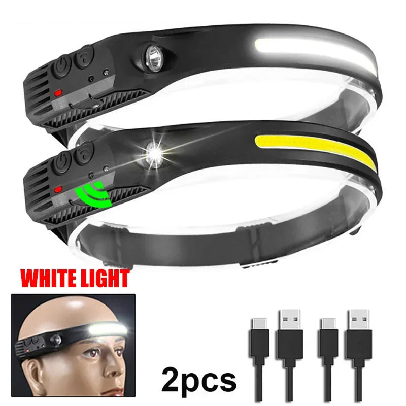 Head Led Light Sensor HeadLight Type-c Rechargeable Head Torch Light Front Led Head Flashlight Super Bright Waterproof Headlamp Oasis Select 2Pcs White Light Built in battery