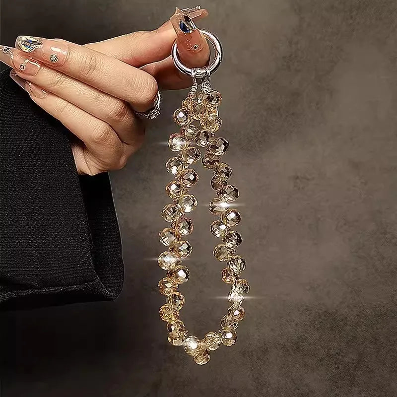 Luxury Sparkling Diamond Crystal Bead Wrist Strap Portable Chain Short Hanging Phone Charm Clip For Universal Use On Phone Cases Oasis Select golden