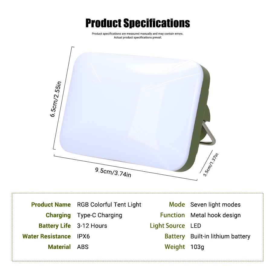 RGB LED Camping Lantern | 7 Modes, IPX6, Rechargeable Hook Light