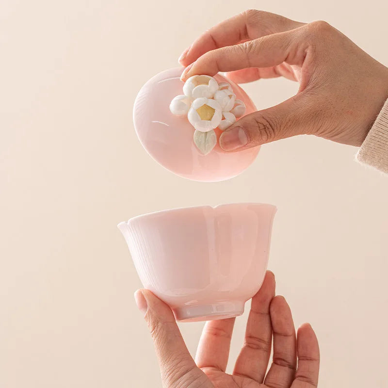Peach Pink Pinch Flower Sancai Gaiwan Tea Cup Single High-end Handmade Household Ceramic Kung Fu Tea Set Tea Bowl Large Size Oasis Select