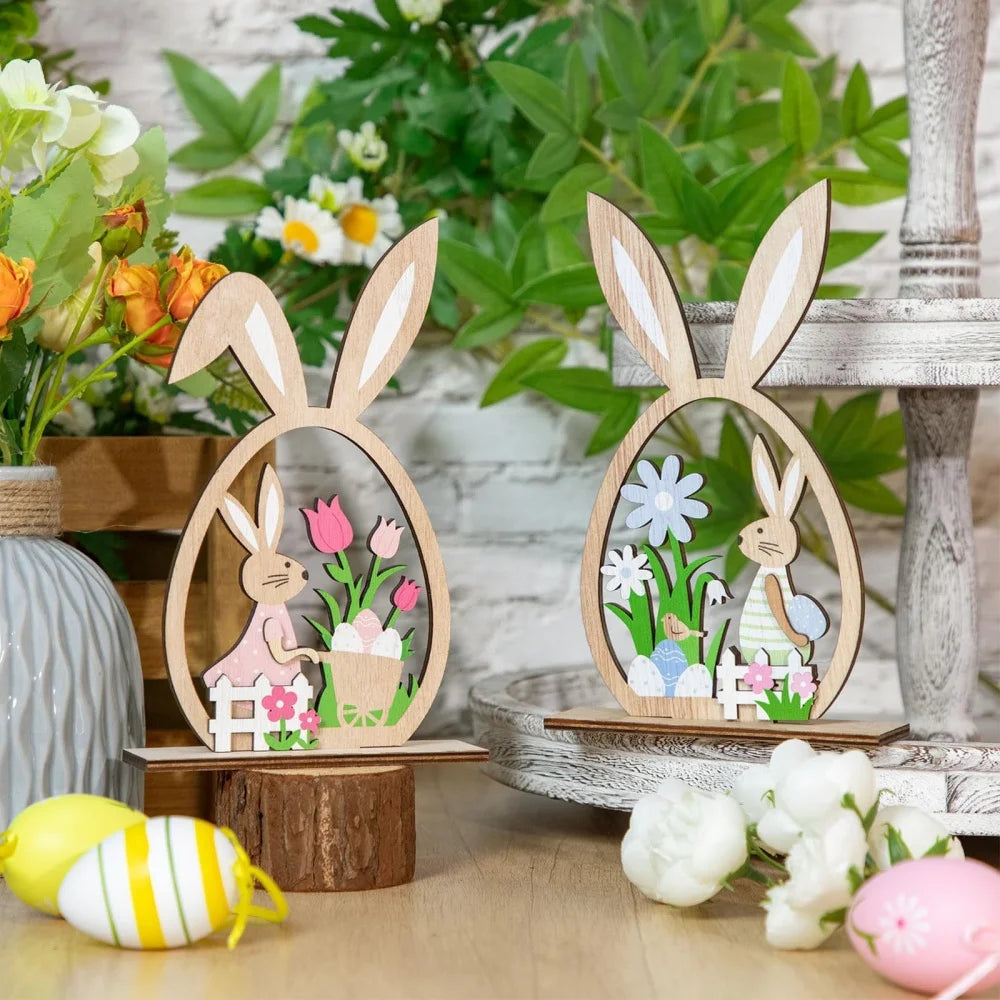 2PCS 2026 Wooden Easter Rabbit Ornaments Craft Painting Bunny Spring Festival Table Ornament Happy Easter Party Home Decor Oasis Select