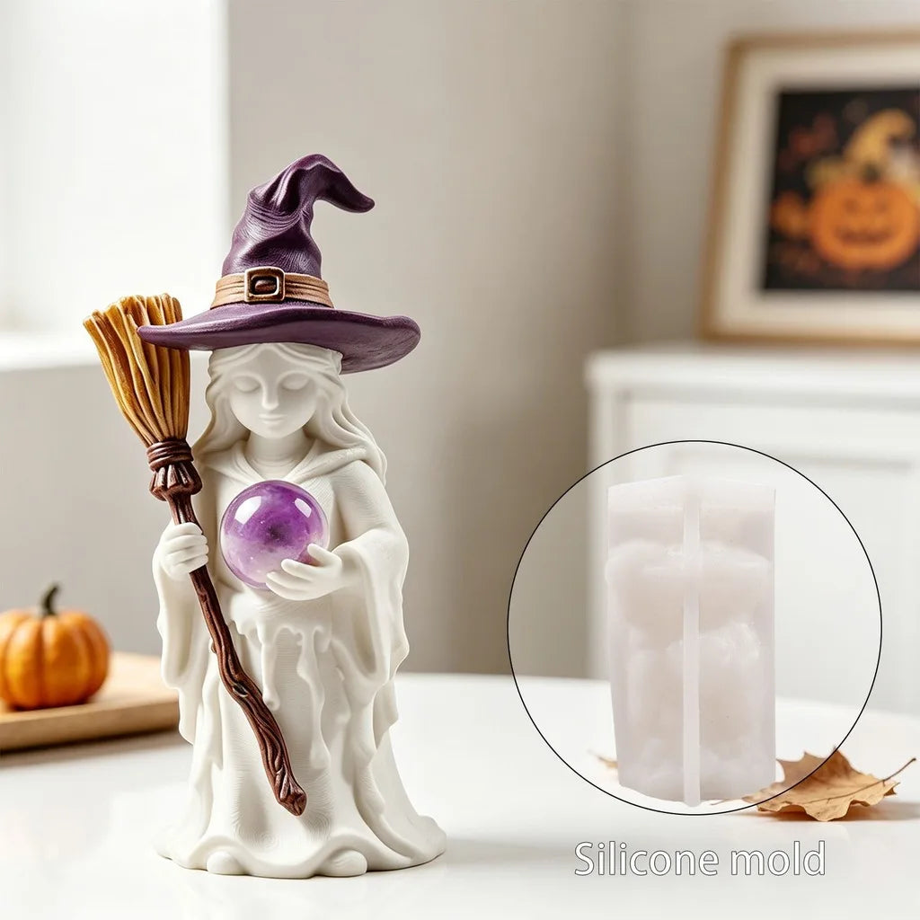 3D Halloween Witch Silicone Mold Witch Holding Crystal Ball Mold for Candle Plaster Resin Craft Home Decor Oasis Select