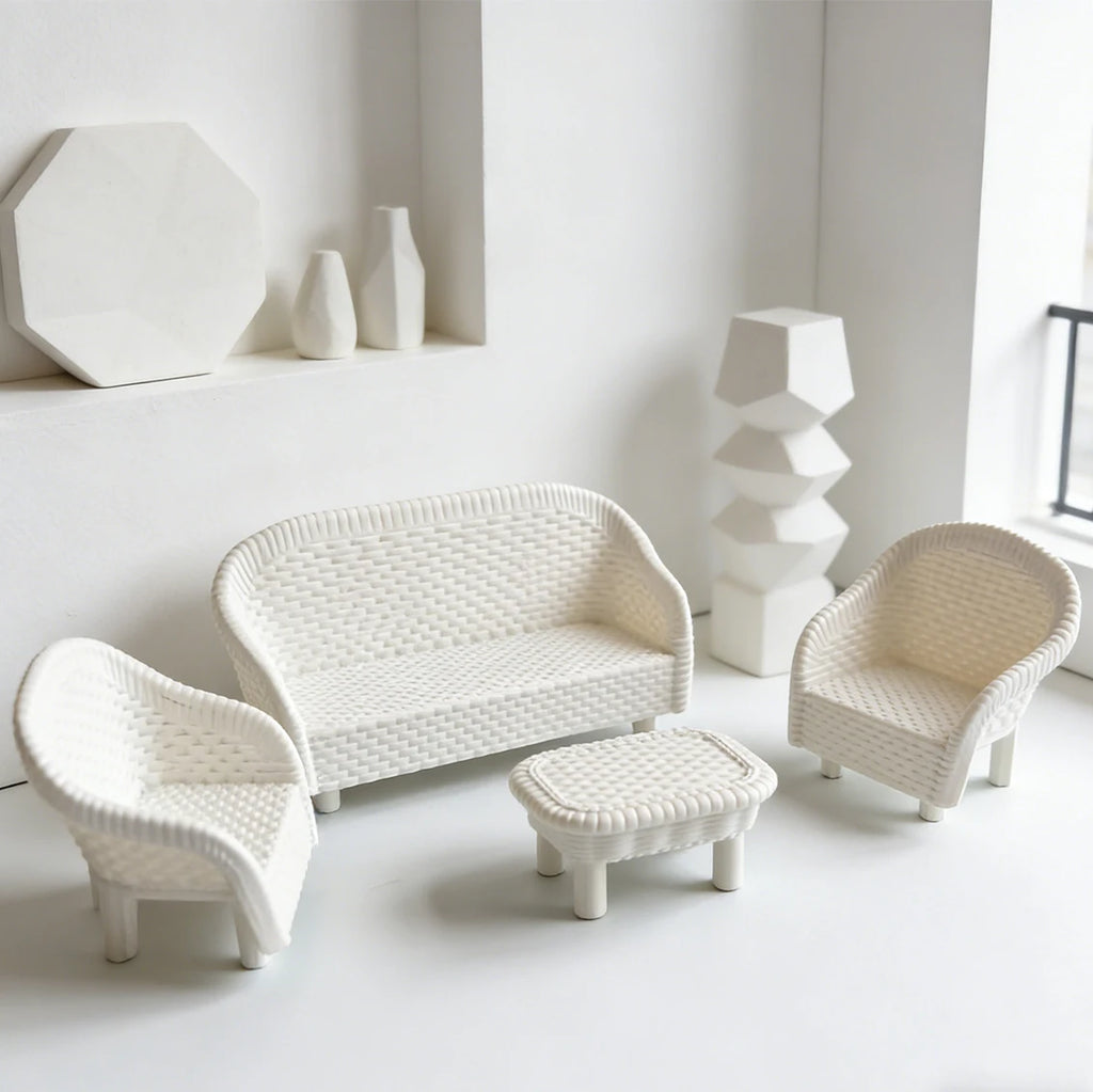 4 PCS Miniature White Wicker Tea Table & Chair Set Dollhouse Furniture Micro Landscape Props for Bedroom Fairy Garden Decor Oasis Select