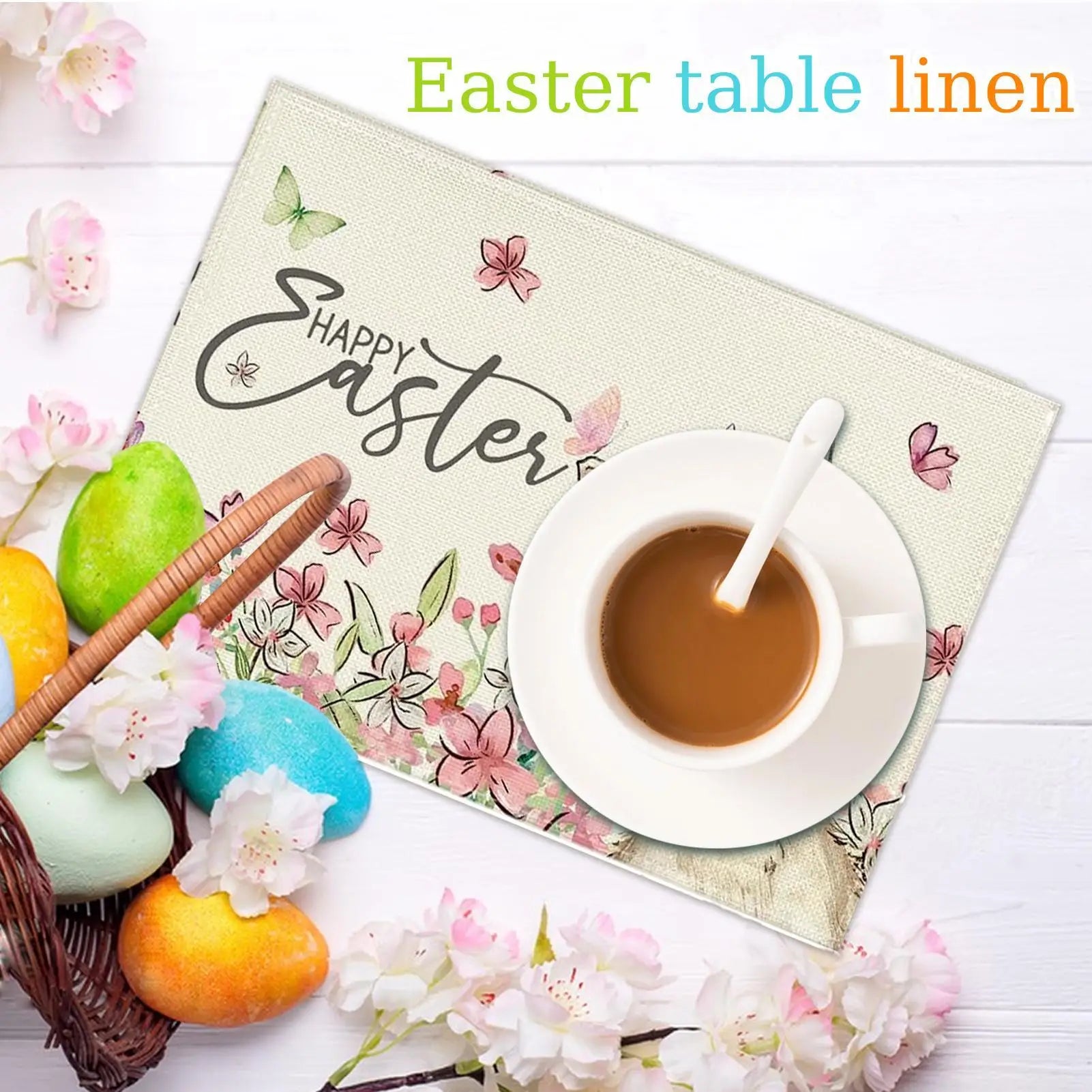 Easter Place Mats Rabbit Print Placemat Spring Flowers Easter Bunny Easter Egg Print Family Holiday Dinner Restaurant Decoration Oasis Select