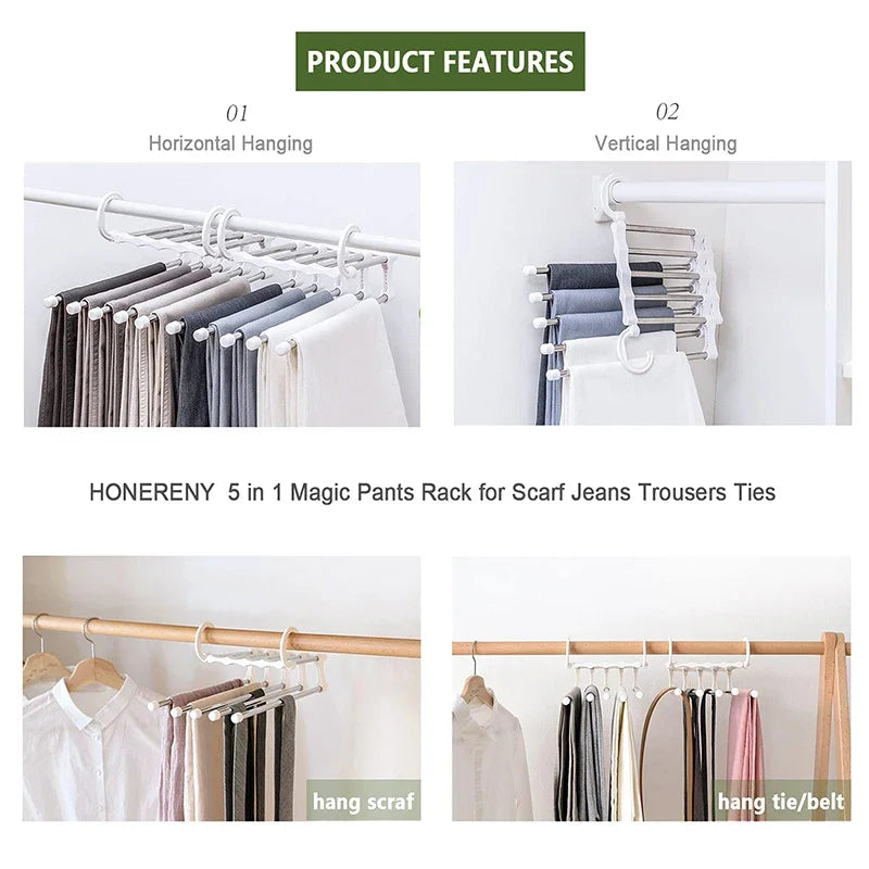 5 in1 Save Space Pants Hanger Collapsible Towel Tie Hook Multi-functional Clothes Trouser Rack Wardrobe Closet Organizer Storage Oasis Select