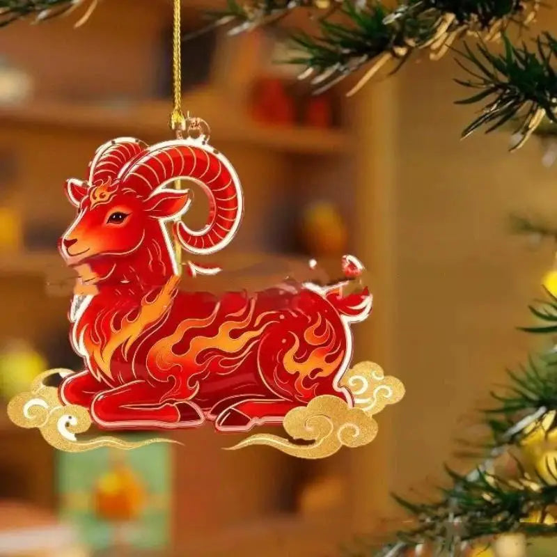 Acrylic Chinese Zodiac Goat Ornament – Red & Gold Lunar Decor