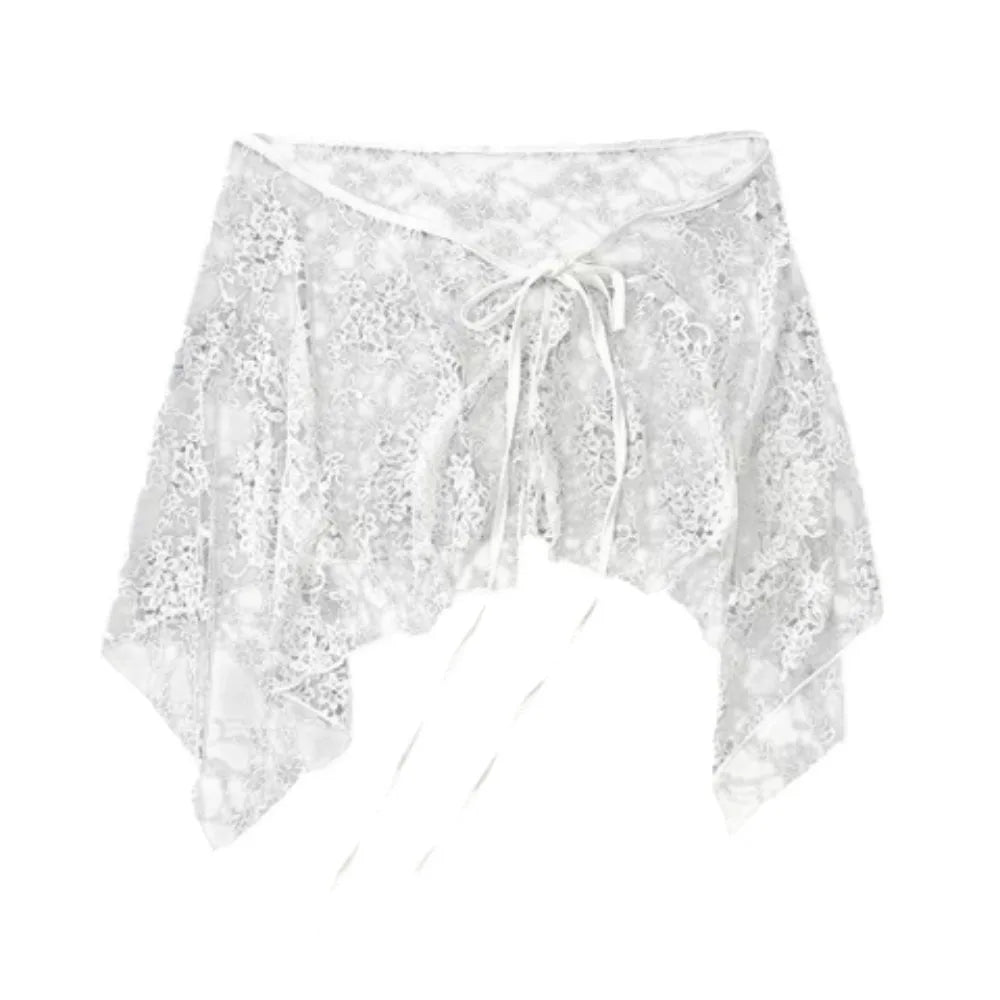 French Lacing Lace Mini Skirt Embroidery Irregular Hemline Ruched Skirts Y2K Streetwear Harajuku Lace Up Ruffles Skirt Oasis Select White One Size