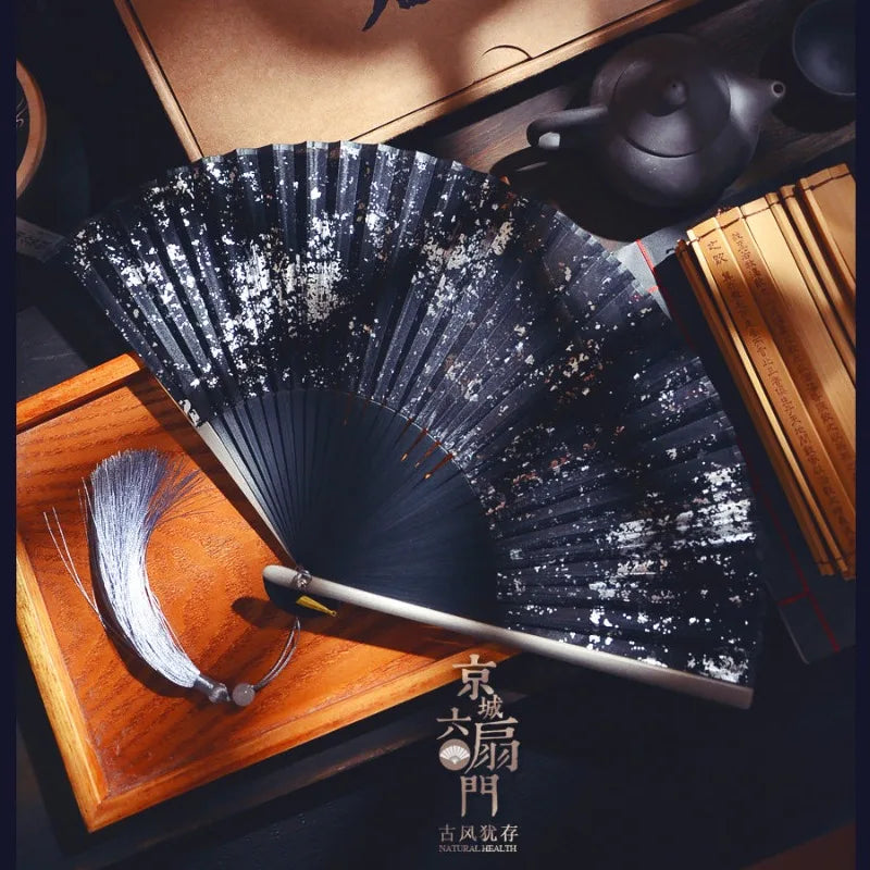Gold Sprinkled Silk Folding Fan 6 Inch Pocket Size Sino Japanese Style Classic Handheld Decor for Ladies Daily Wear Oasis Select