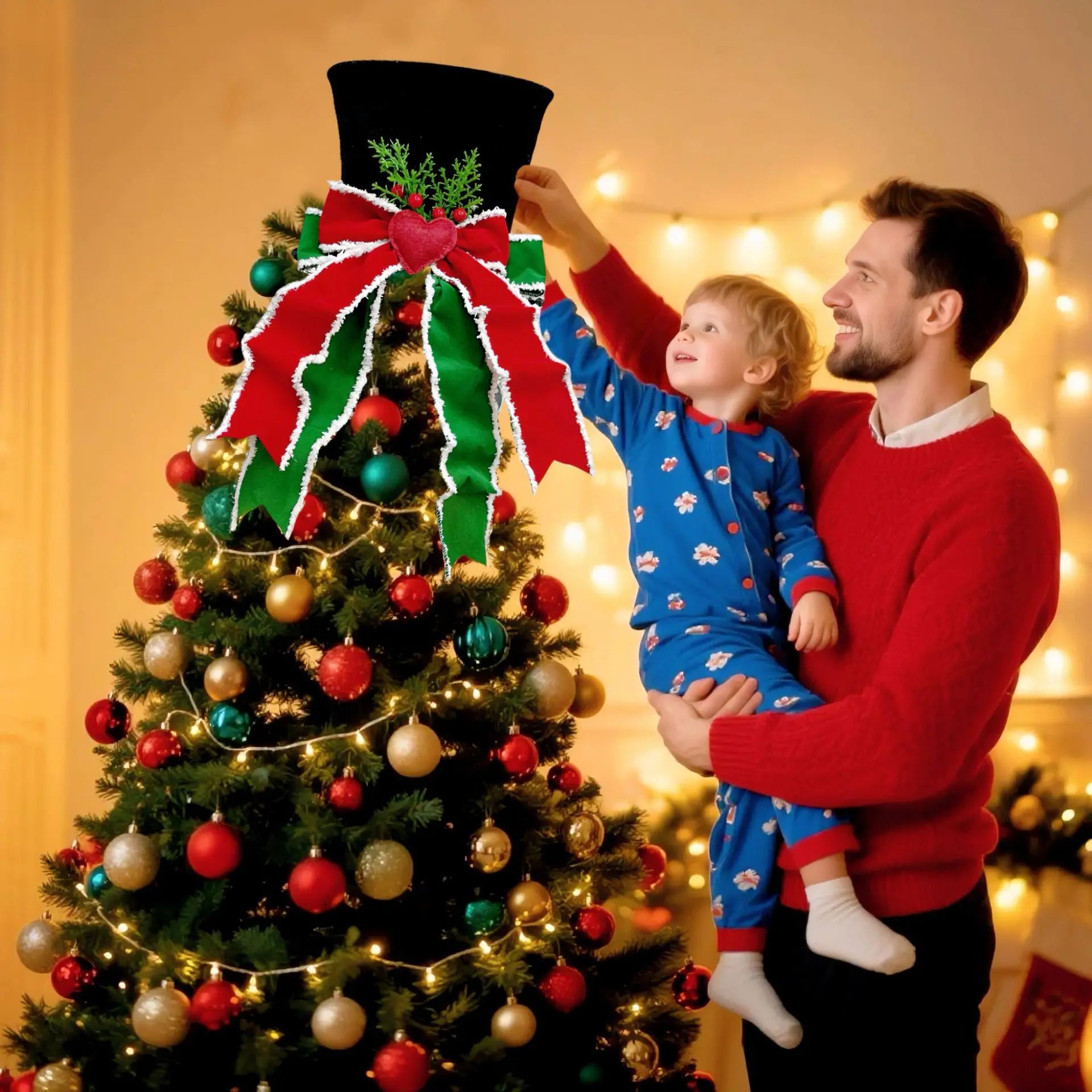 Christmas Tree Topper Hat Classic Heart Bow Hat Tree Topper Holiday Ornament for Home Decoration Oasis Select