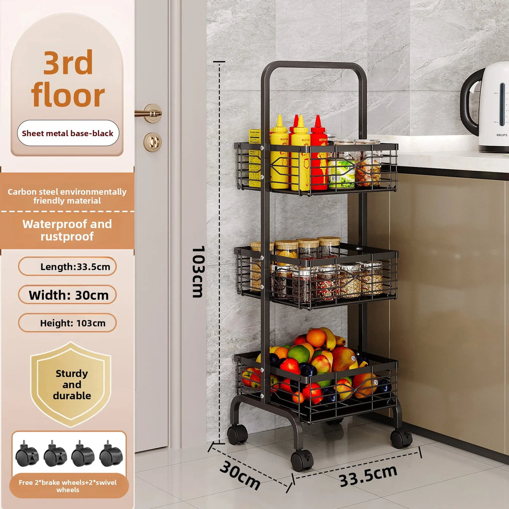 Kitchen Multifunctional Shelf Mobile Square Snack Toy Storage Rack Multi-layer Floor Household Fruit and Vegetable Cart Oasis Select Black sheet metal