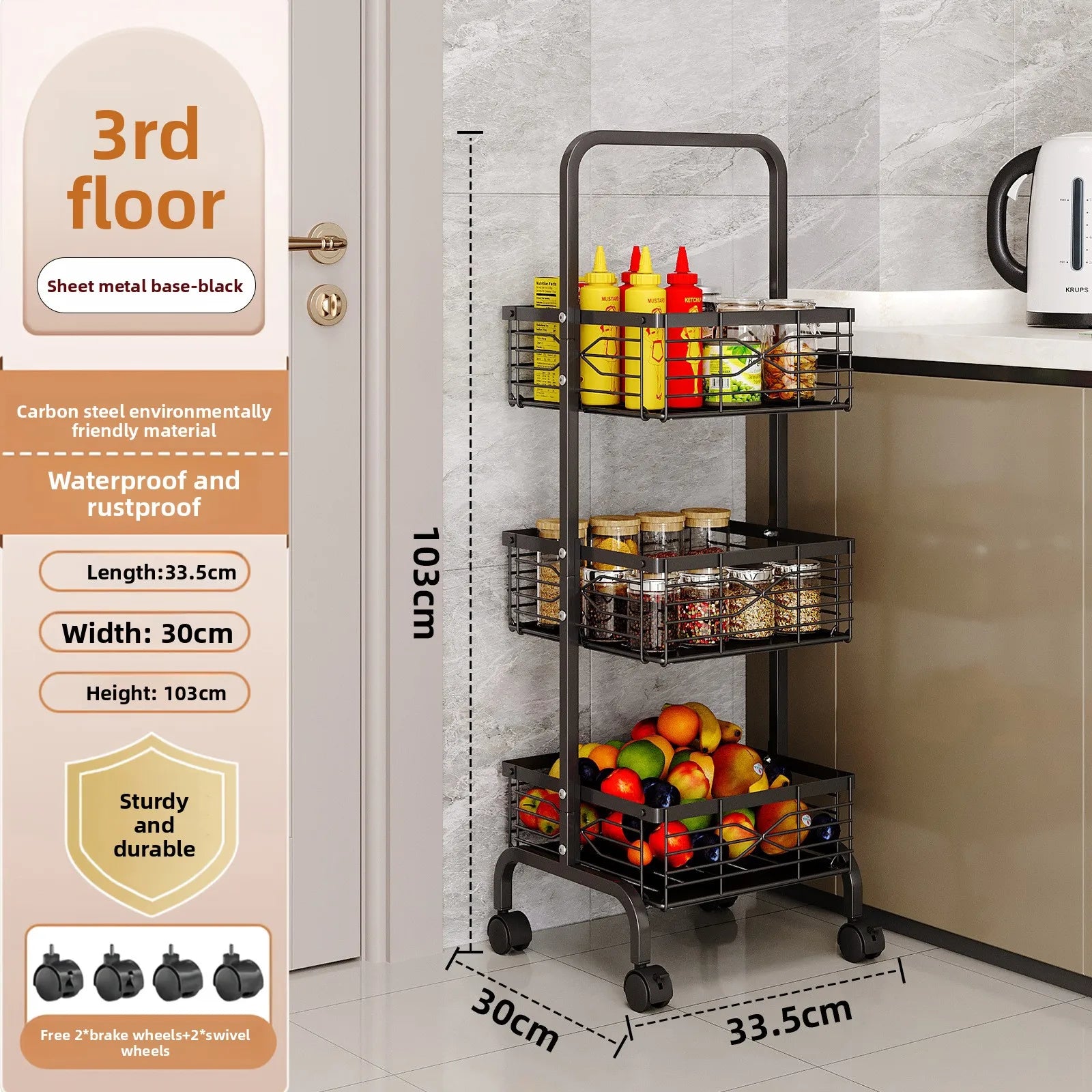 Kitchen Multifunctional Shelf Mobile Square Snack Toy Storage Rack Multi-layer Floor Household Fruit and Vegetable Cart Oasis Select Black sheet metal