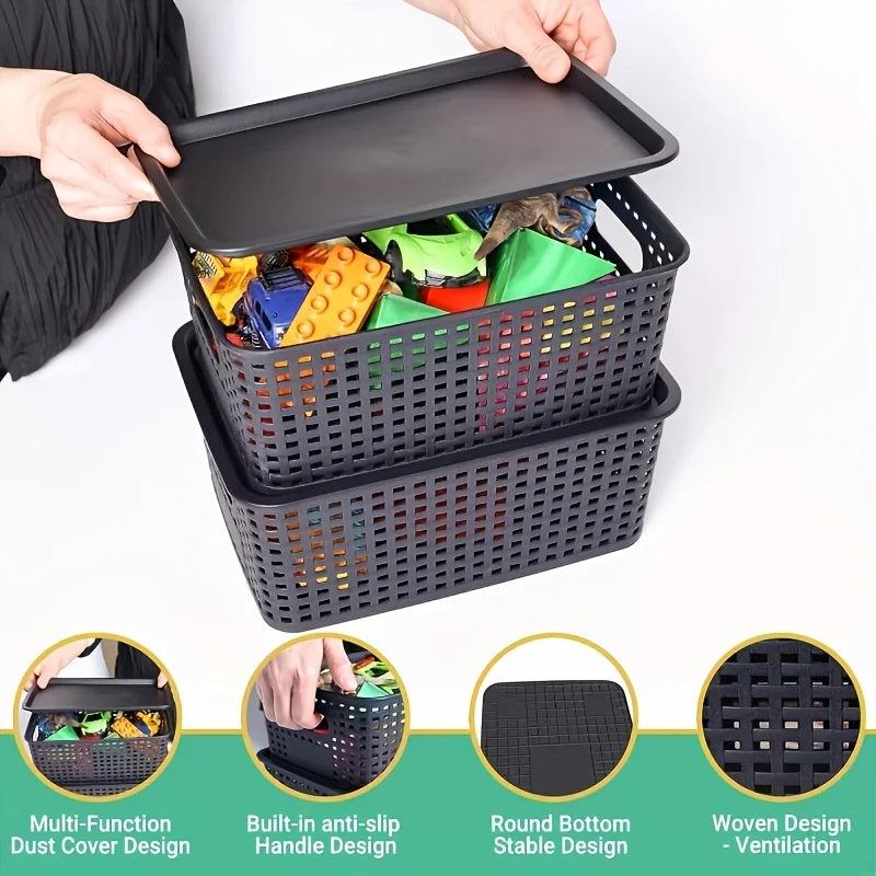 Modern Plastic Storage Baskets with Lid Stacking, Multi-Purpose for Office Desk Bedroom Classroom Organization Container Oasis Select