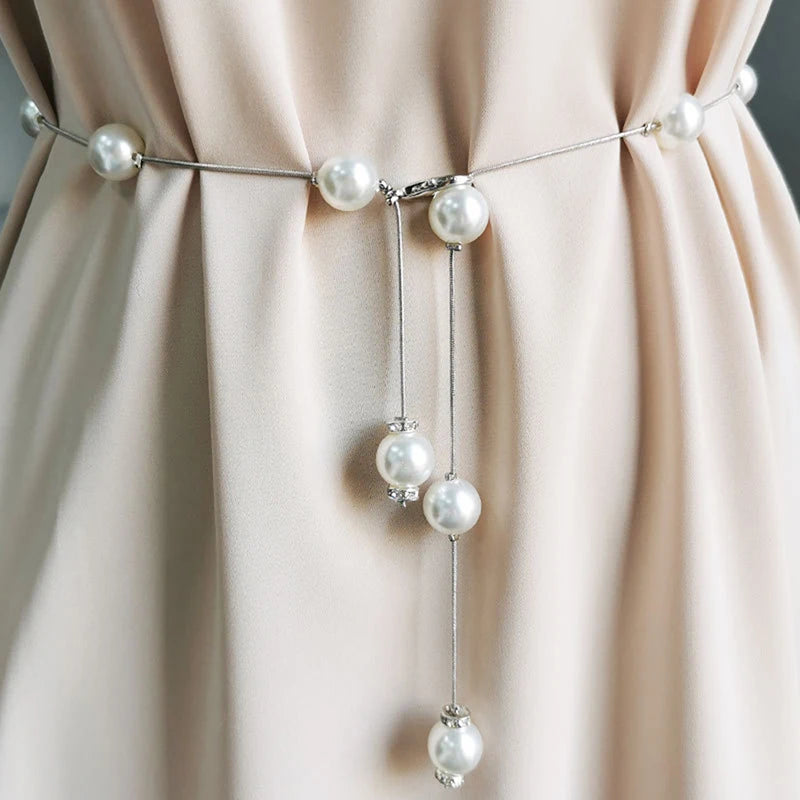Elegant Pearl Women's Belt Simple Adjustable Metal Thin Chain Belt For Ladies Dress Skinny Waistband Decorative Jewelry Oasis Select