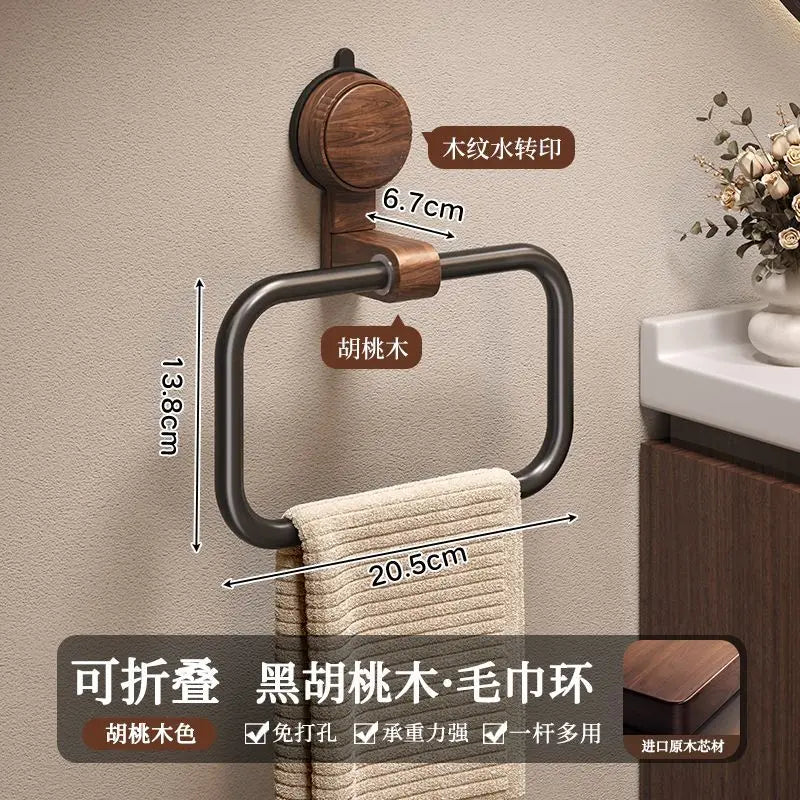 Suction Cup Walnut Towel Rack Perforation-free Wall Hanging Bathroom Towel Ring Bathroom Towel Rack Oasis Select Black