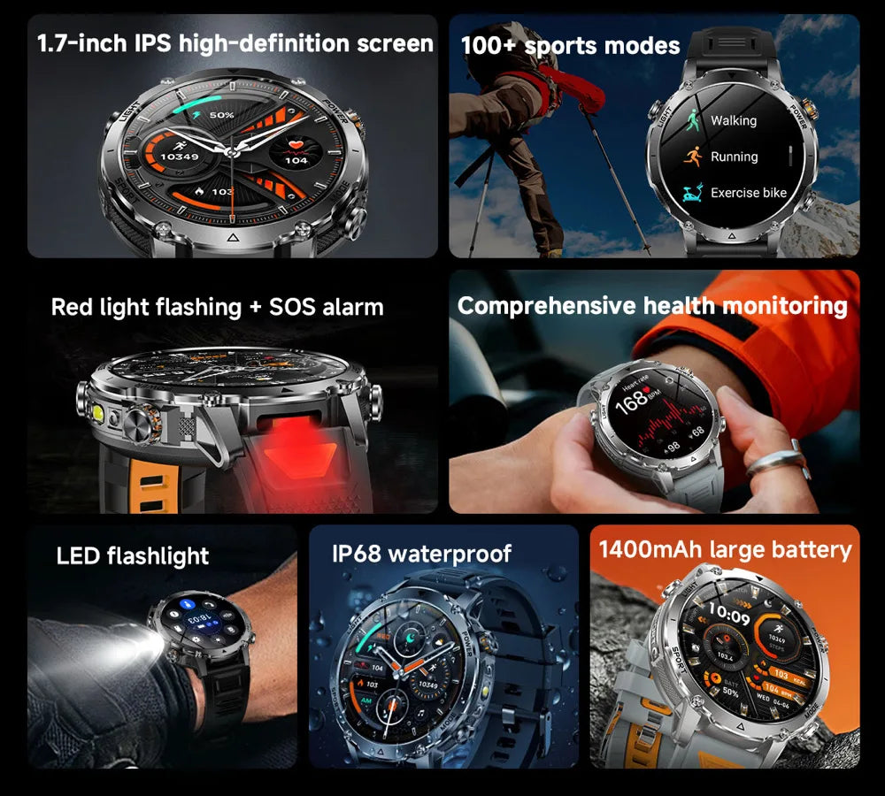 Military 1400mAh Battery Smart Watch Men Outdoor Flashlight Waterproof Heart Rate BT Call Sports Bracelet Health Smartwatch SOS Oasis Select