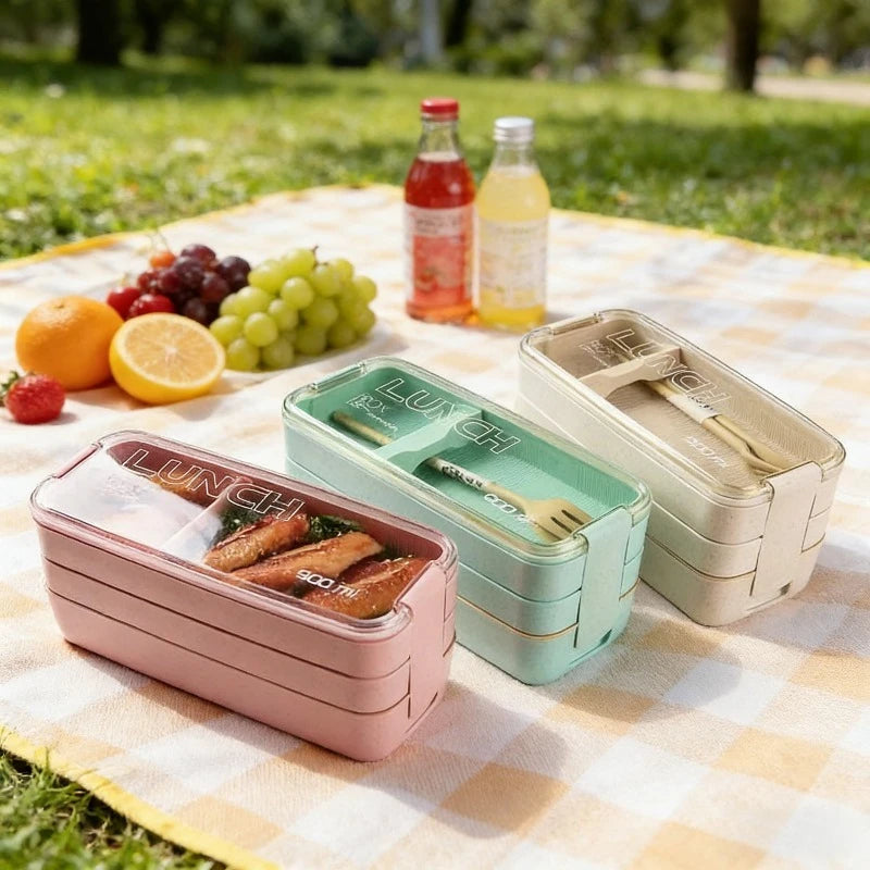 3 in 1 Wheat Straw Bento Box Reusable Portable Lunch Container Compartment Meal and Snack Food Storage Tableware Set Oasis Select