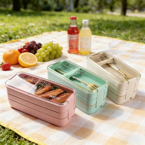 3 in 1 Wheat Straw Bento Box Reusable Portable Lunch Container Compartment Meal and Snack Food Storage Tableware Set Oasis Select