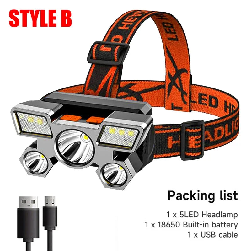 5 LED Headlamp Rechargeable with Built in Battery Strong Light Headlight Camping Adventure Fishing Head Light Flashlight Oasis Select T21 Style B
