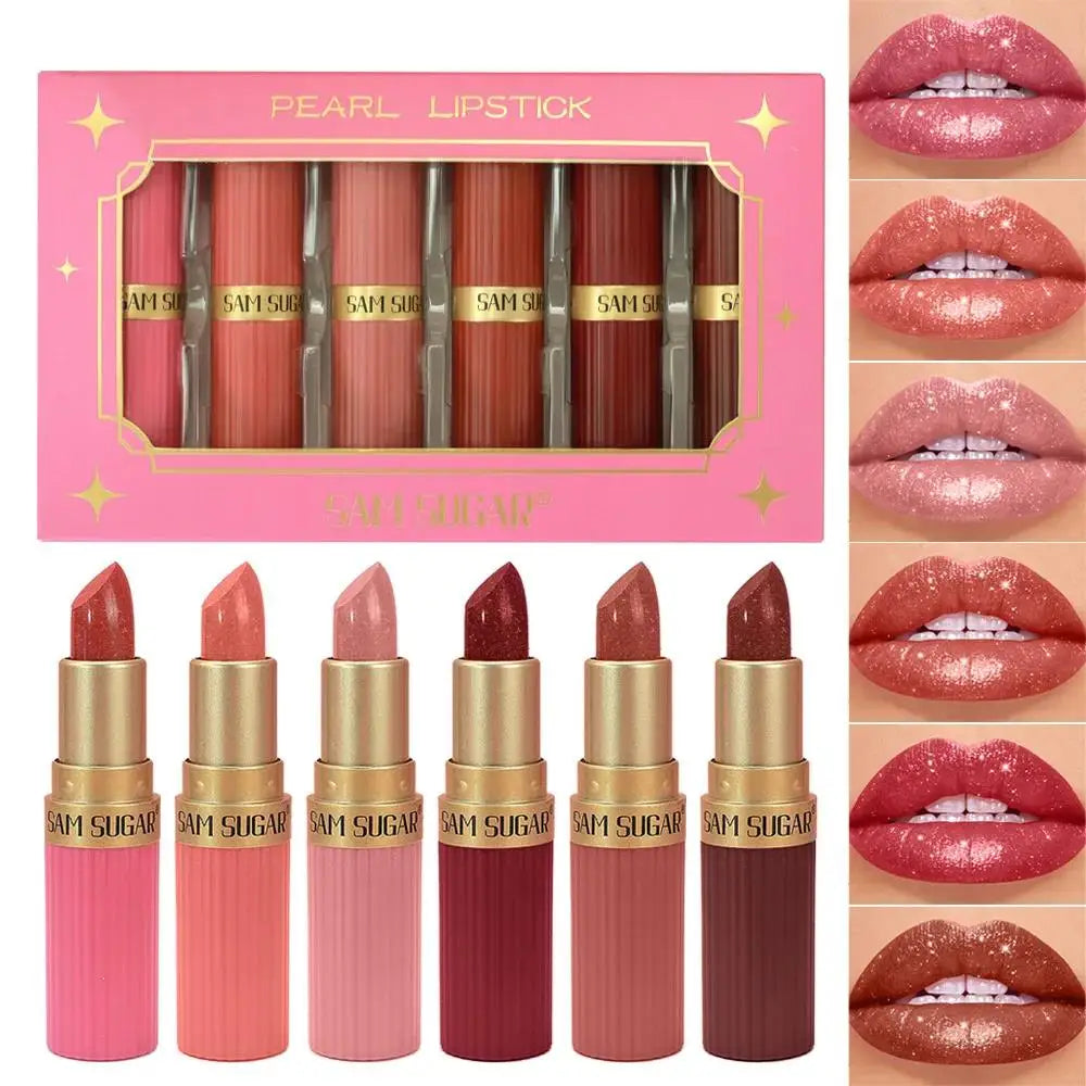 6-Piece Diamond Shimmer Lipstick Set – Metallic Glitter Lip Gloss