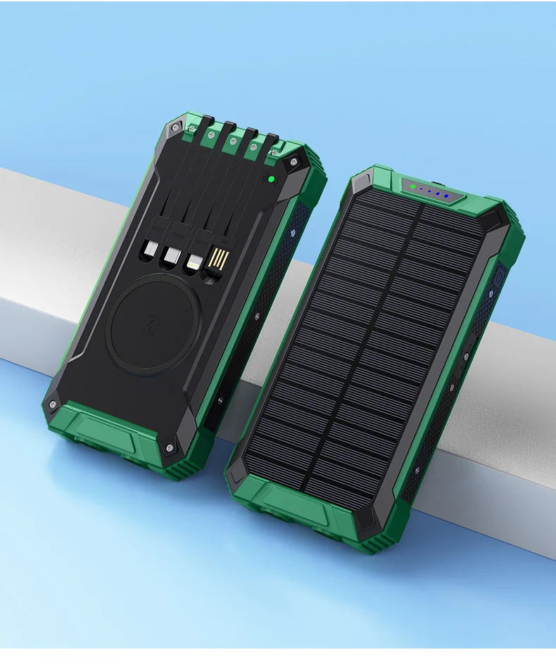 New 38000mAh multifunctional Solar Power Bank Mobile Power Fast Charging Battery With 4 Cables Wireless Charger LED Flashlight Oasis Select 1 pcs Green