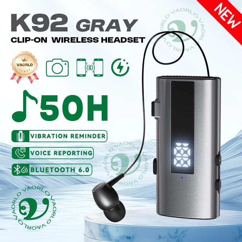 K92 Bluetooth 6.0 Lavalier Business Headset Call 30h/Music 50h Vibration Reminder LED Digital Display With Mic Wireless Earphone Oasis Select Gray
