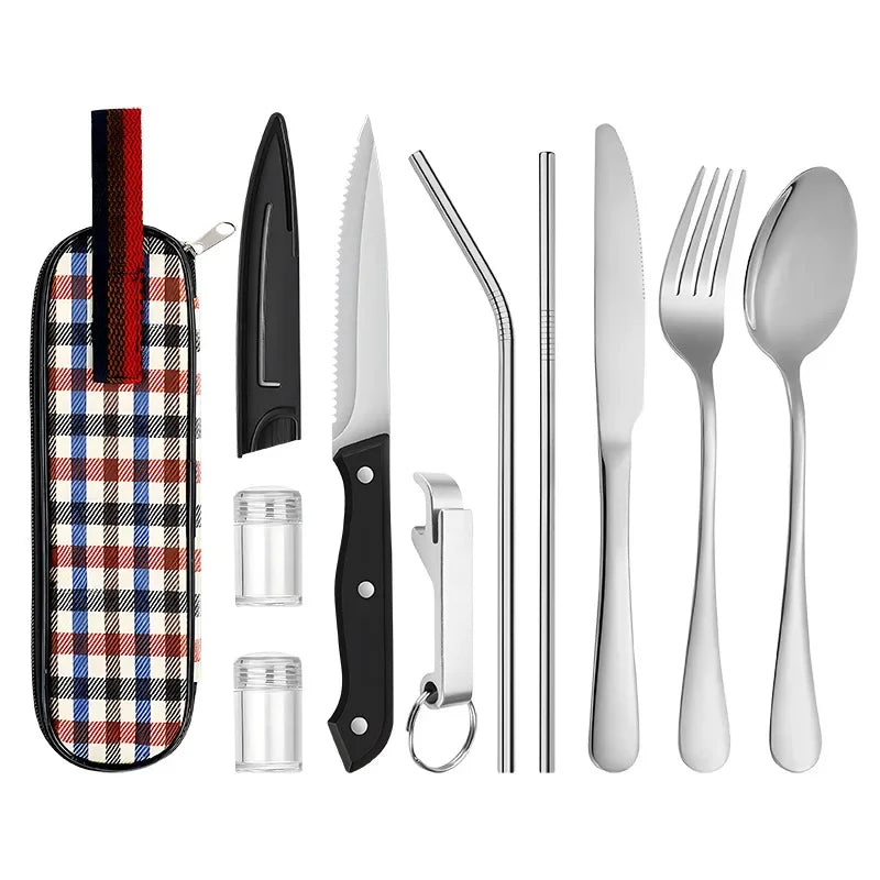 Tableware Stainless Steel Cutlery Knife Fork Spoon Steak Knife Spice Bottle Straw Outdoor Travel Portable Set Oasis Select Natural color