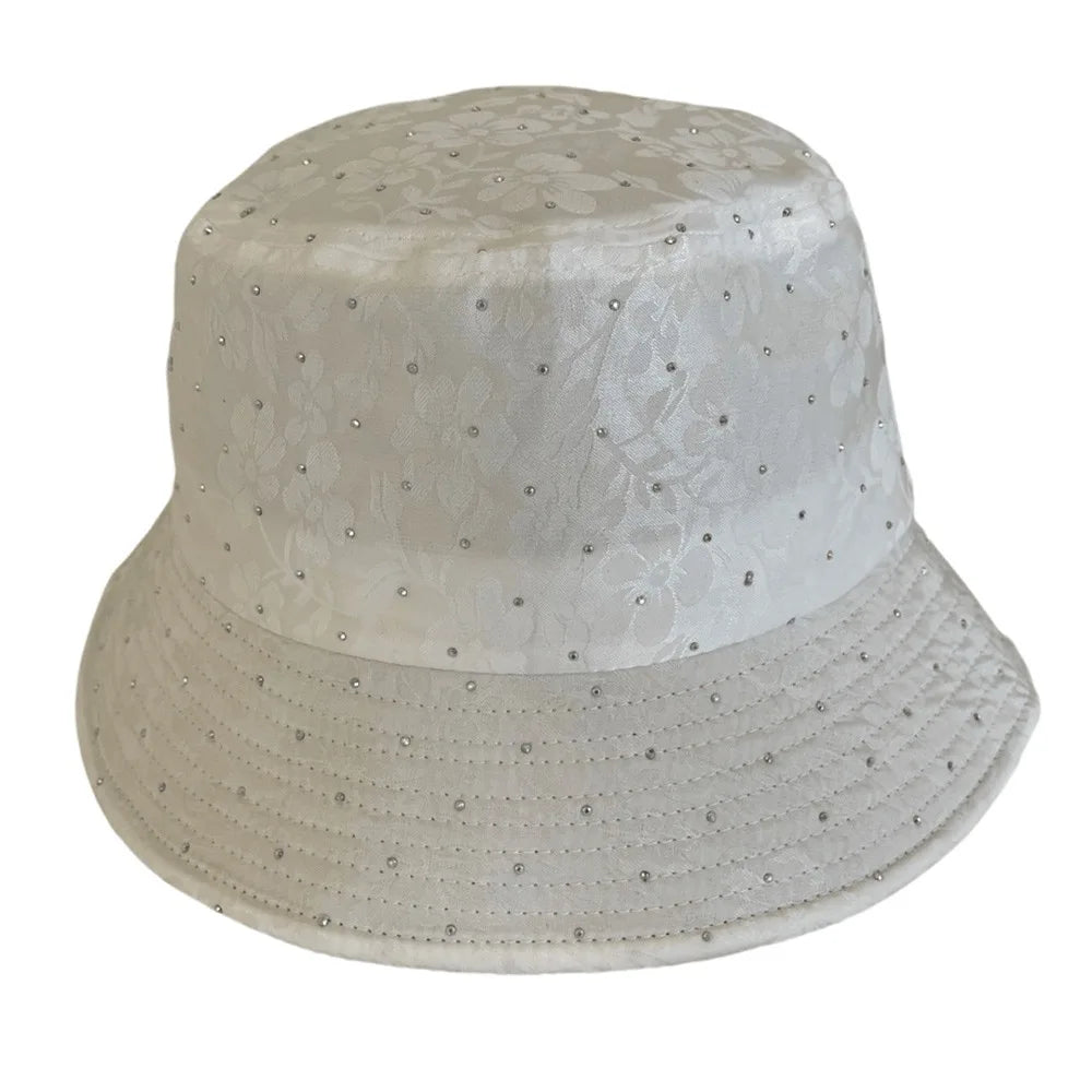 Elegant Floral Print Women Bucket Hat Rhinestone Decor Breathable Floral Print Fisherman Hat Sunscreen Protection Comfortable Oasis Select Light white