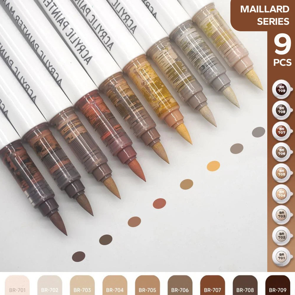9pcs/set Acrylic Brush Markers Set -Pro Art Markers with Ink Control for Painting Drawing Sketching Art Supplies Highlighter Pen Oasis Select Maillard Series