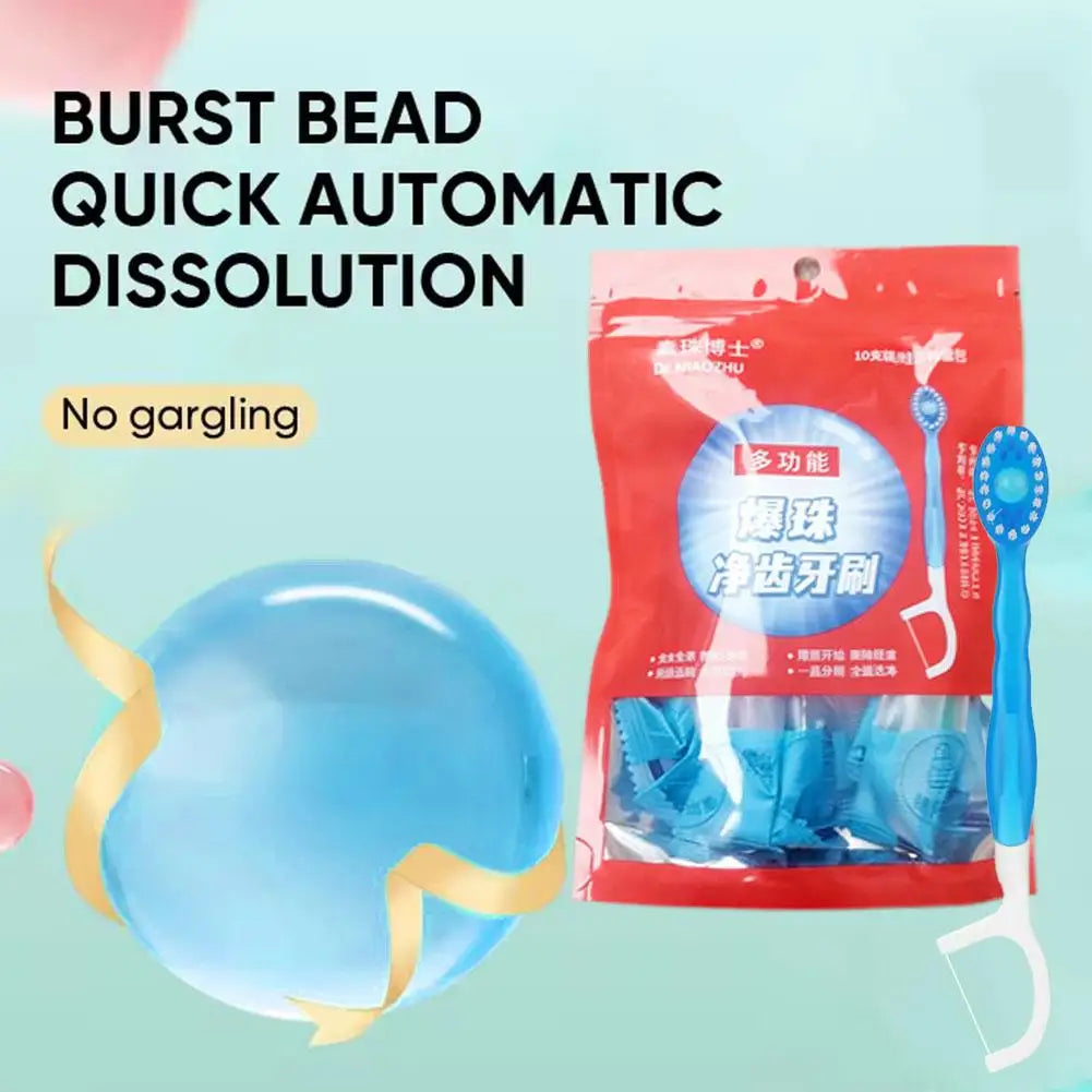 10Pcs/Pack Disposable Burst Bead Toothbrush Multi-Functional Portable Travel Toothbrush With Built-In Mint Toothpaste Capsule Oasis Select