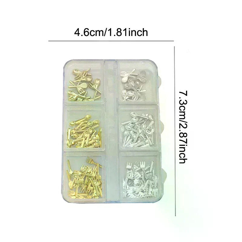 6 Grids/Box Mix Gold Silver Mini Forks Spoons Tableware Alloy Nail Art Rhinestones Decorations Manicure Cure Charms Accessories Oasis Select
