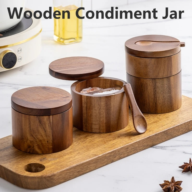 Wooden Salt Cellar with Spoon Kitchen Salt Box Pepper Jar with Swivel Closure Lid Round Container To Condiment Spice Container Oasis Select