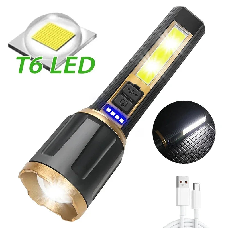 Powerful T6 LED Flashlights 5 Mode Zoom Light Aluminum Alloys Built-in 18650 Battery Waterproof Material Lamp for Camping Torch Oasis Select Golden with zoom