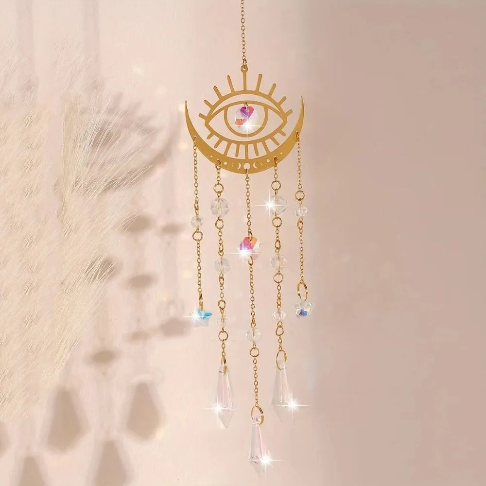 Golden Flame Moon Crystal Pendant AB Colourful Moon Eye Sunshine Catcher Hanging Moon Hanging Decoration Holiday Party Decor Oasis Select
