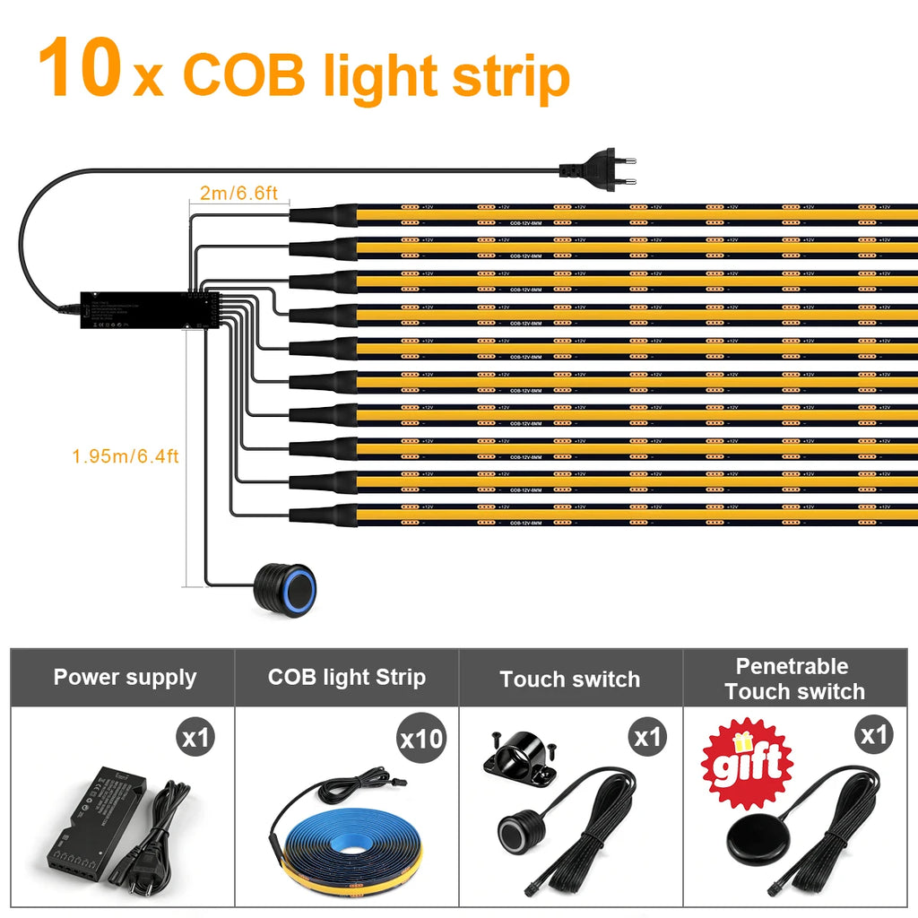 12v Dimmable Black PCB COB LED Light Strip with Double Touch Sensor,For Soundproof Panel Cabinet Wall Embedded Decor Night Lamp Oasis Select 10x COB Strip Set Warm White 3M 9.84FT|UK Plug