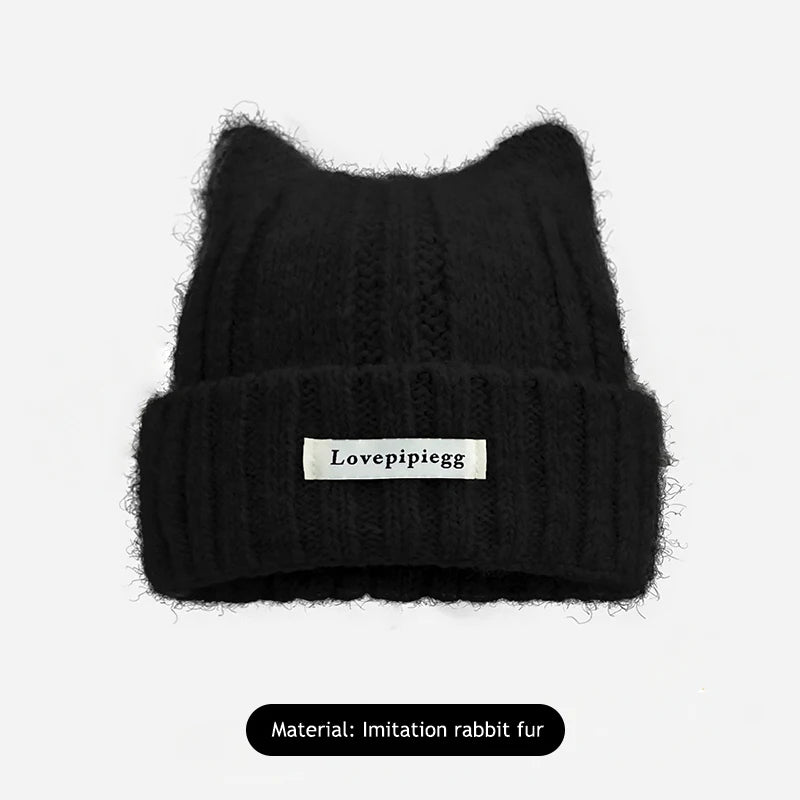Cat Ear Knitted Beanie – Korean Style Winter Hat for Women
