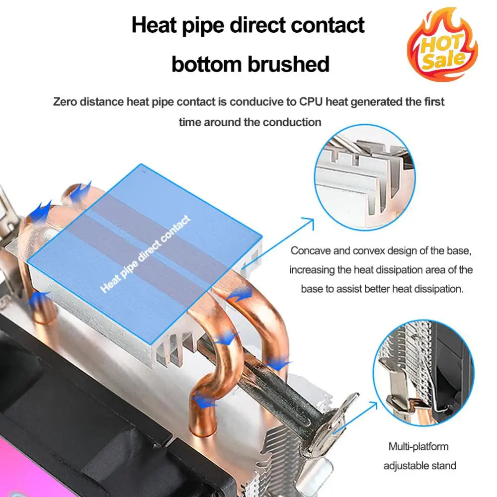 CPU Cooler with 2 Heat Pipes CPU Air Cooler 3PIN Quiet Rainbow RGB Cooling Fan for Intel LGA775 1150/1151/1155/1156/1200 AMD AM2 Oasis Select