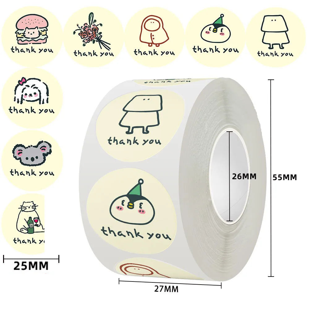 500 PCs/roll 1 inch Cartoon Stickers, Cute Thank You Stickers for Gift Wrap, Envelope Closure, Diy Decoration Oasis Select 500pcs