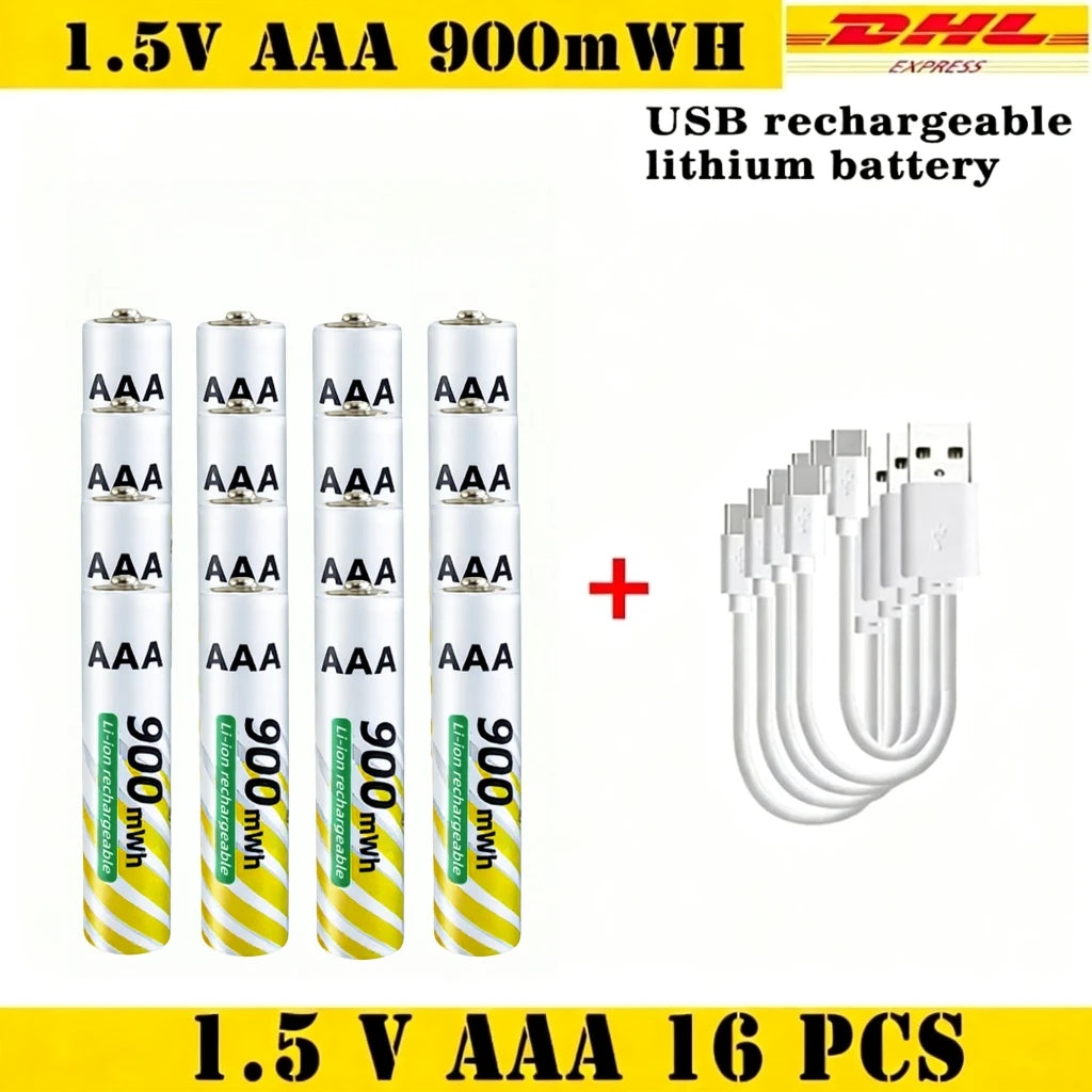 USB-C Fast Charge Lithium-ion AA and AAA Rechargeable Batteries, 3400mWh AA + 900mWh AAA Ideal for Daily Electronics & Toys Oasis Select AAA 16pcs-USB