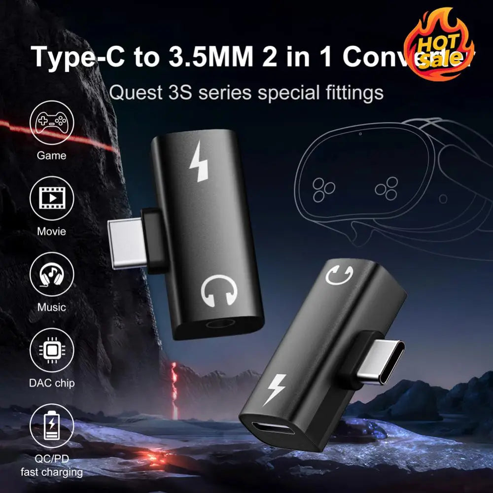 2-in-1 USB C To Type-C Converter with Aux Audio Jack PD 30W Earphone Splitter for Xiaomi Huawei iPhone 15 16 for Meta Quest 3S Oasis Select