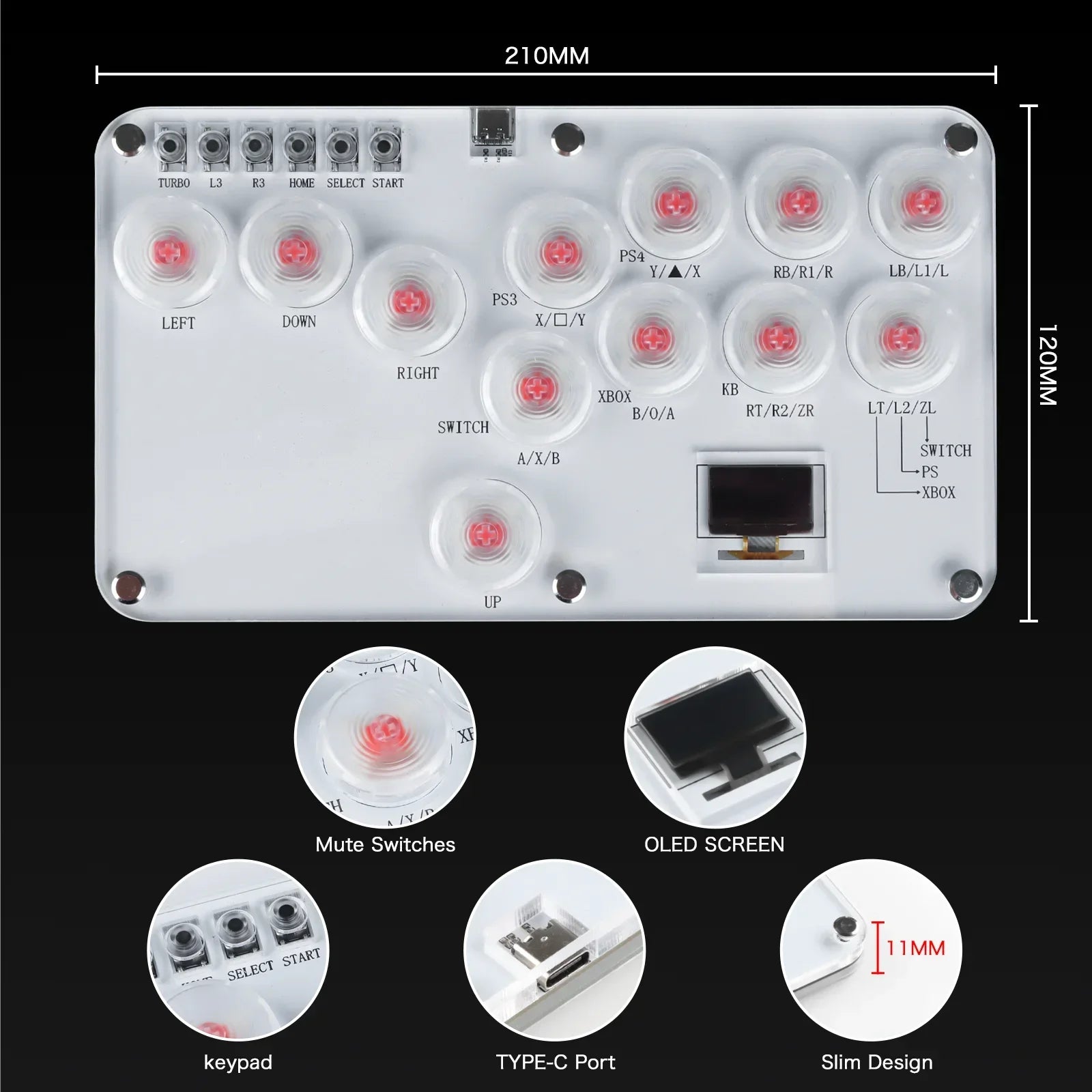 Stickless Arcade Stick 12Keys All-Button Mini Fighting Game Arcade Stick Leverless Controller Fight Sticks for PS3/PS4/PC/Switch Oasis Select