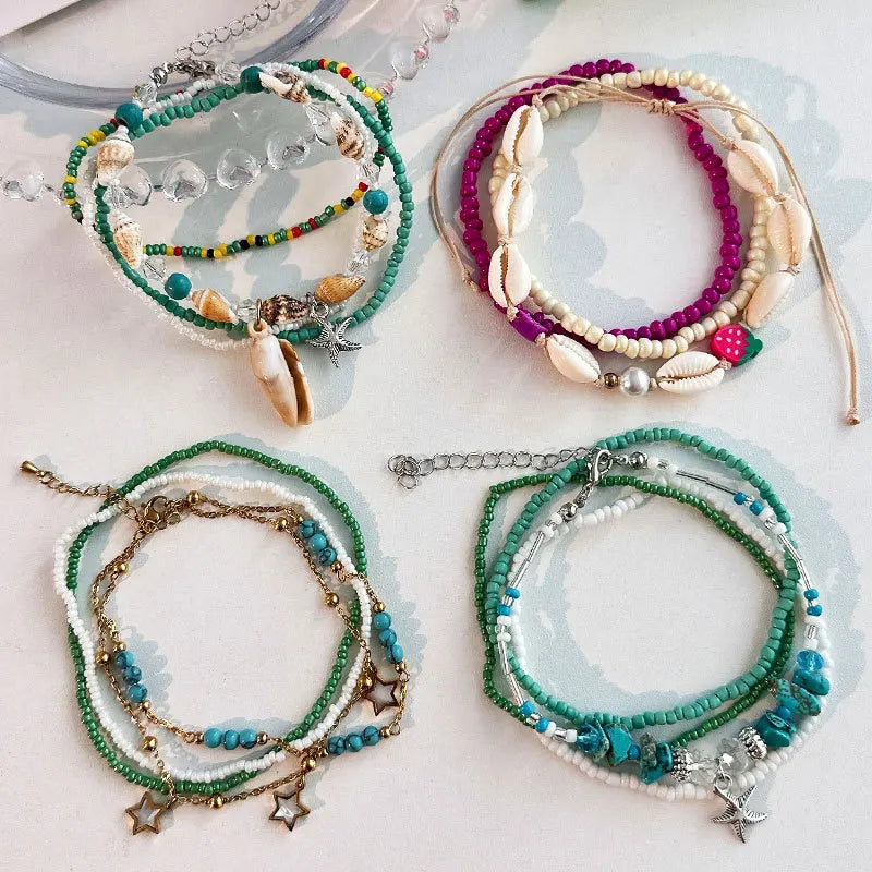 Colorful Bohemian Anklet Set Starfish Shell Beads Ankle Bracelet Women Boho Charm Pendant Handmade Fashion Jewelry Gift Oasis Select