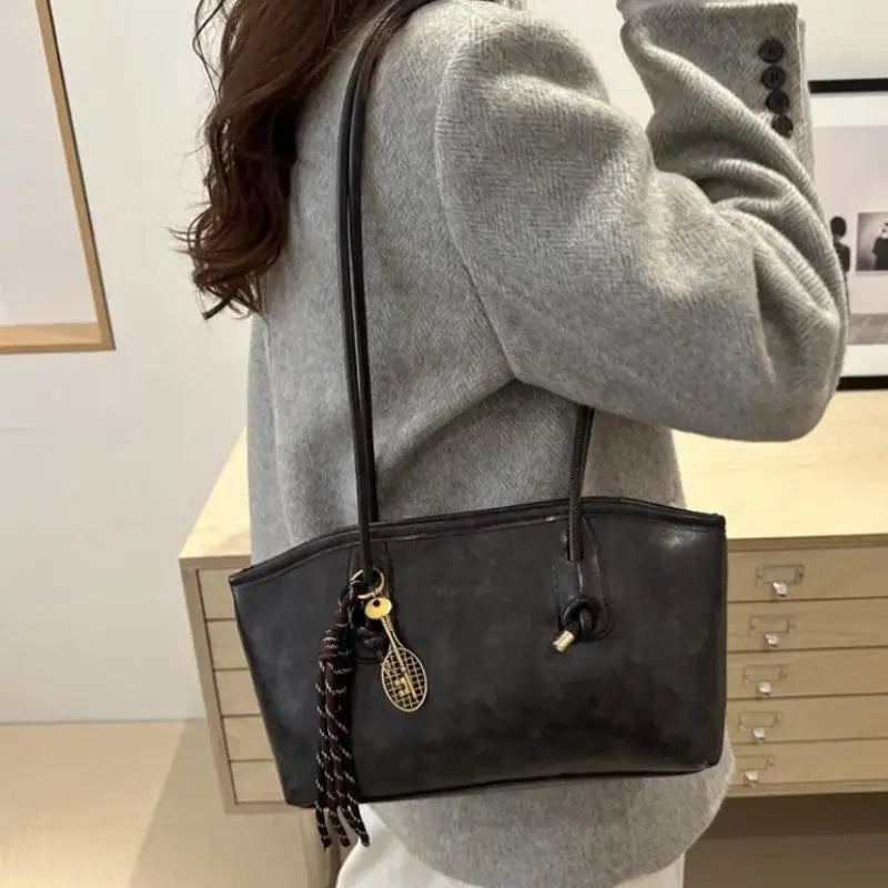Retro PU Leather Tote Bag – Large Capacity & Charm Pendant