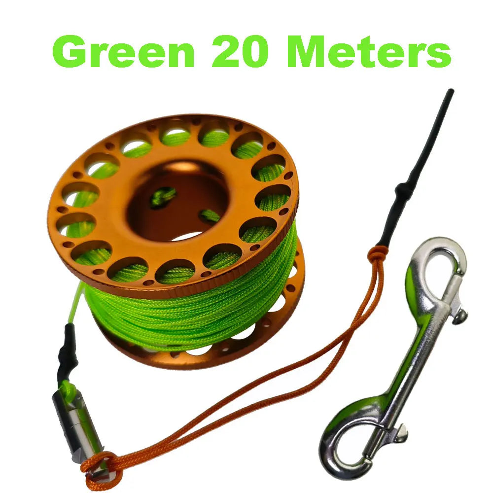 15M 20M 30M Scuba Diving Aluminum Alloy Spool Finger Reel with Stainless Steel double ended hook SMB Equipment Cave Dive Oasis Select Green Line 20M 1