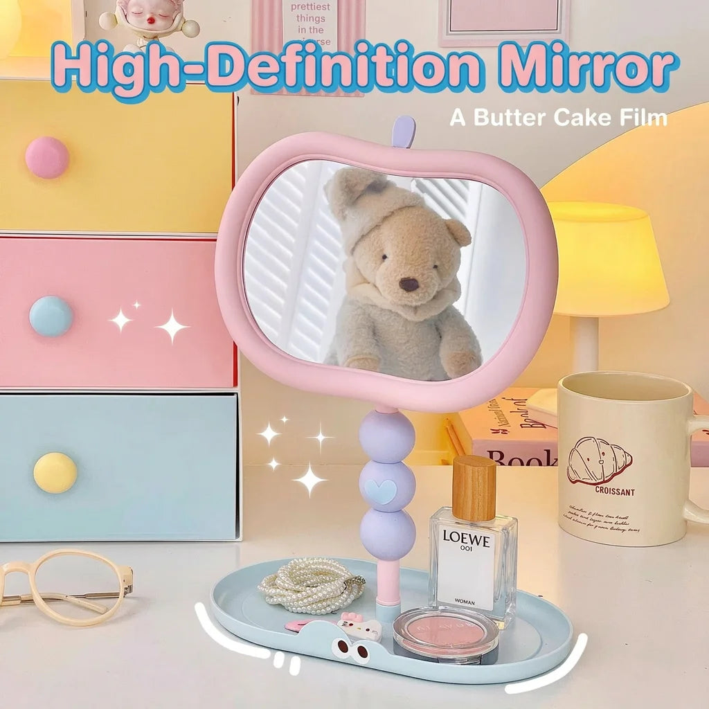Cute Apple-Shaped Tabletop Vanity Makeup Mirror, HD Clear Adjustable Rotating Mirror With Storage Tray For Dorm Bedroom Oasis Select