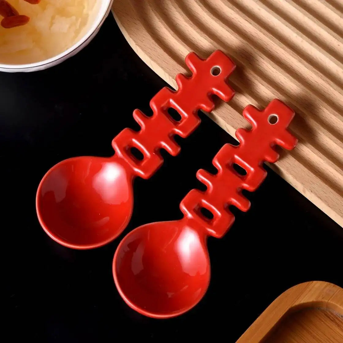 Double Happiness Spoon Ceramic Wedding Dessert Spoon Pair Spoon Red High-Value Chinese Style Character Household Festive Coffe Oasis Select