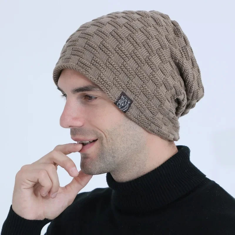 Mens Plush Lining Beanie Winter Hat Outdoor Sports Keep Warm Knitted Skully Hat Cycling Camping Cap Cold Weather Gear Oasis Select