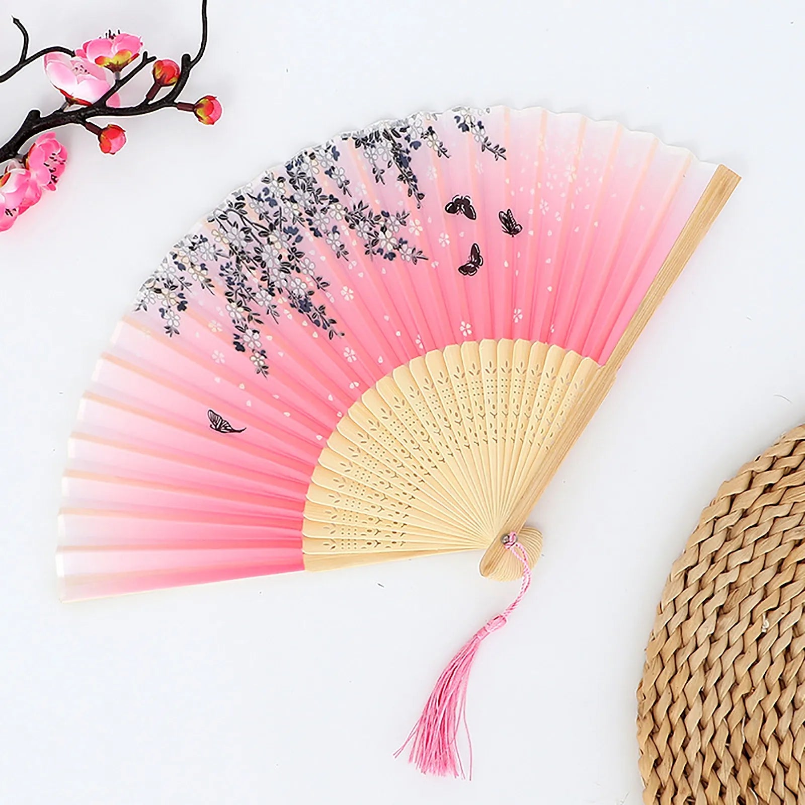 Vintage Silk Folding Fan Chinese Japanese Art Crafts Gift Home Decorations Dance Hand Fan Bamboo Room Decor Wood Fans Oasis Select Q One Size