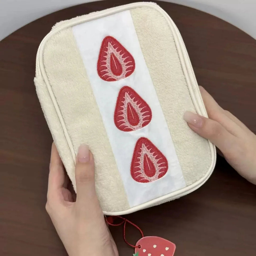 Cute Embroidered Strawberry Pencil Case Portable Stationery Pen Box Multi Functional Large Capacity Makeup Bag Storage Bag Oasis Select