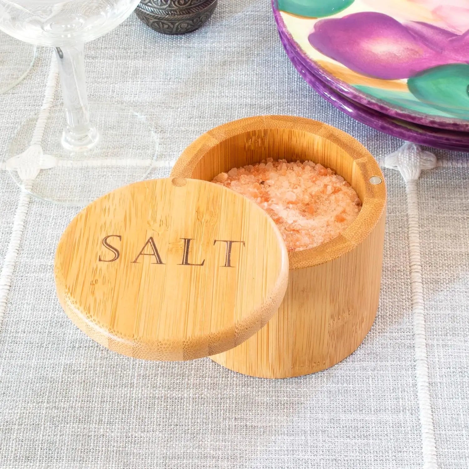 1pc Bamboo storage box with magnetic twist-off lid, salt engraving on the lid. Oasis Select